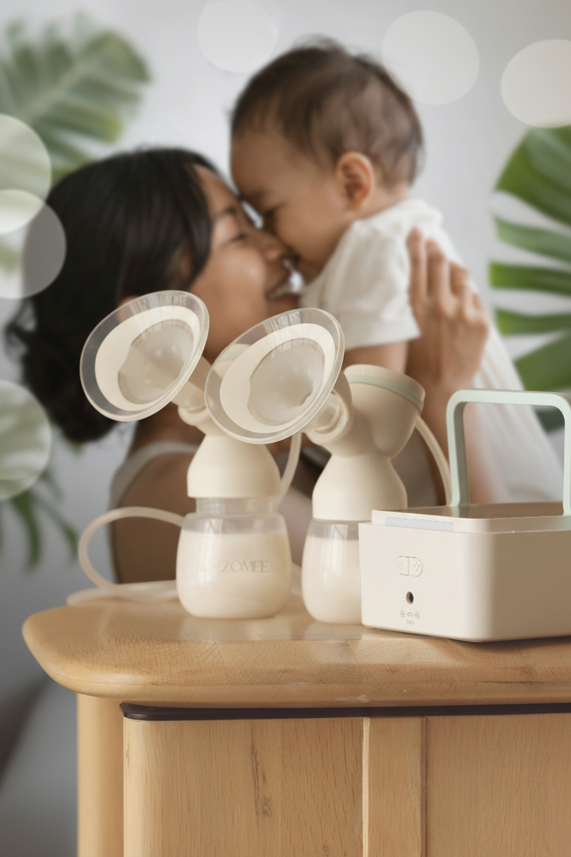 Pump in front of Mom and Baby